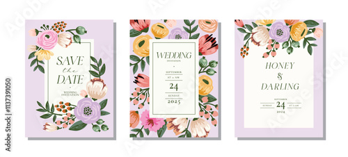 Elegant wedding invitation card template set with beautiful flowers and leave, botanical flowers background vector illustration for save the date, card, cover, poster, greeting, rsvp