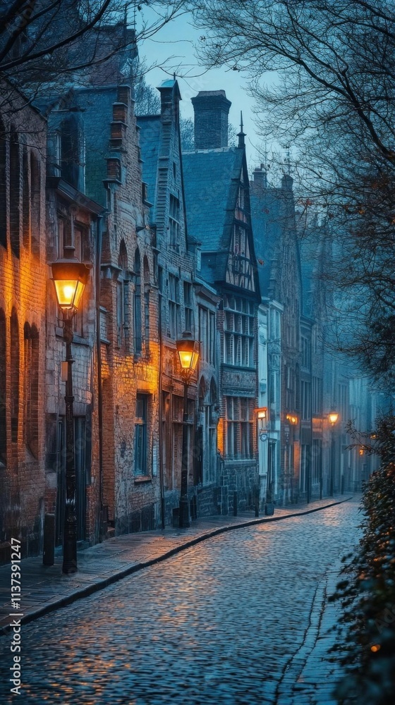 Fototapeta premium A tranquil, misty street lined with historic buildings and glowing lamps.