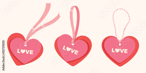 Set of pink heart with ribbon for greeting cards, wedding, valentine's day or birthday party. Cute elegant coquette card style.