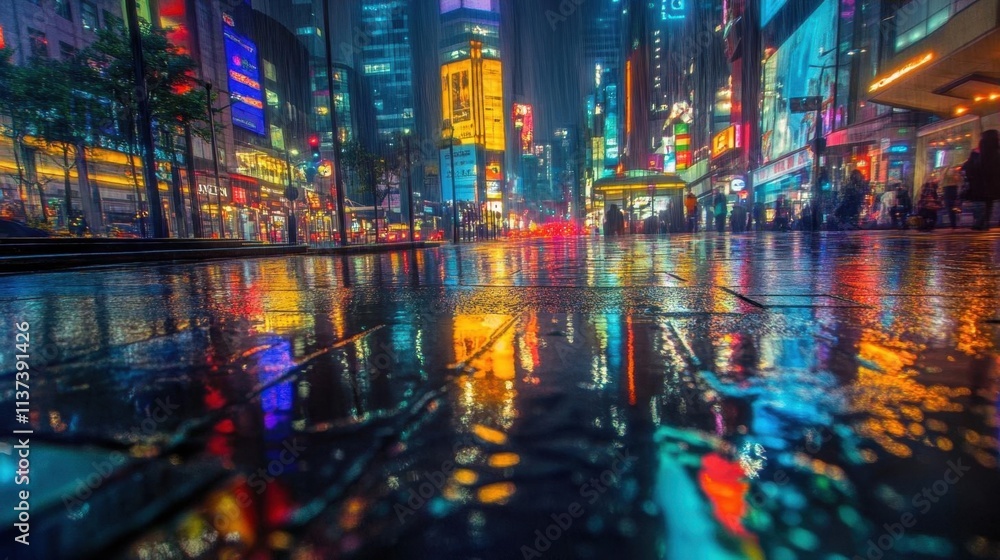 Fototapeta premium A vibrant cityscape reflecting neon lights on a rainy night.