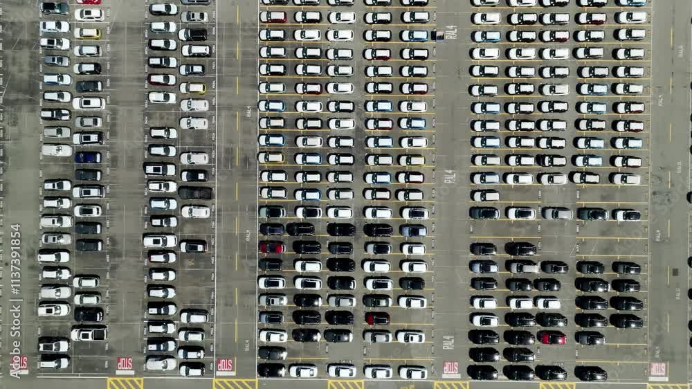 Rows Of Cars Parked At The Auto Loading Yards In Annacis Island, BC, Canada. - aerial overhead, ascend shot Rows Of Cars Parked At The Auto Loading Yards In Annacis Island, BC, Canada. - aerial overhead, ascend shot