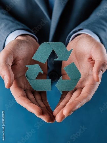 Wallpaper Mural Close up of businessman's hands holding recycling symbol on blue background. Eco friendly business concept Torontodigital.ca