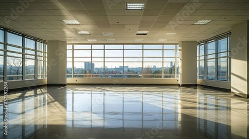 Spacious office interior with large windows and city view.