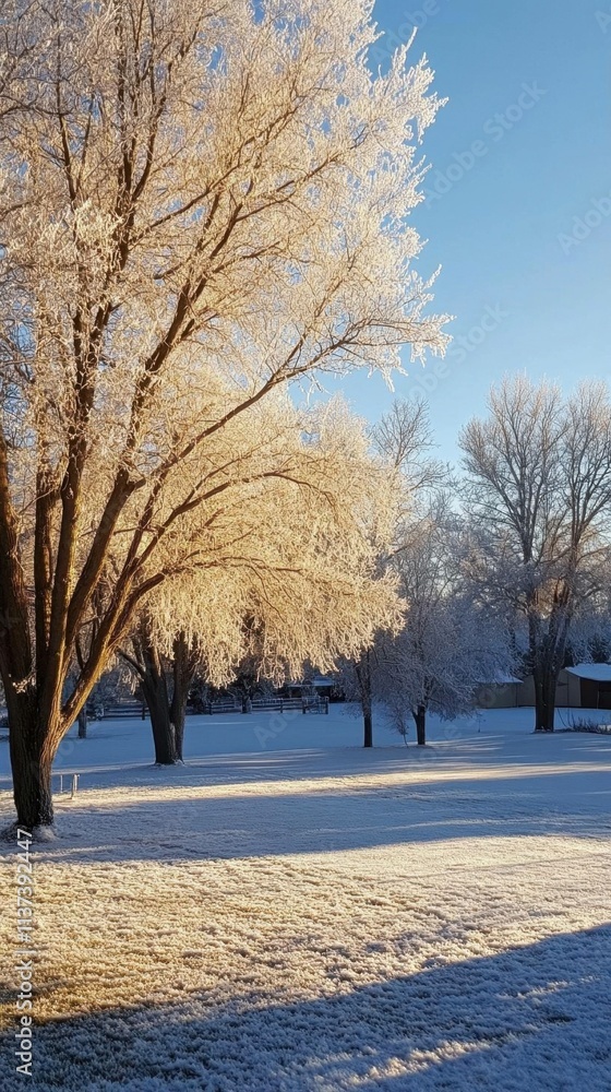 Frost-covered trees in a sunlit winter landscape. Frost-covered trees in a sunlit winter landscape.