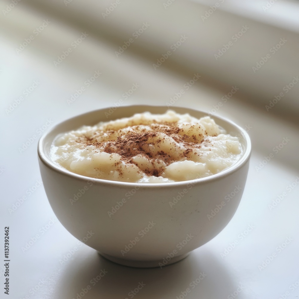 A simple bowl of plain rice pudding topped with a sprinkle of cinnamon, served in a minimalist white ceramic bowl, Rice pudding centered A simple bowl of plain rice pudding topped with a sprinkle of cinnamon, served in a minimalist white ceramic bowl, Rice pudding centered