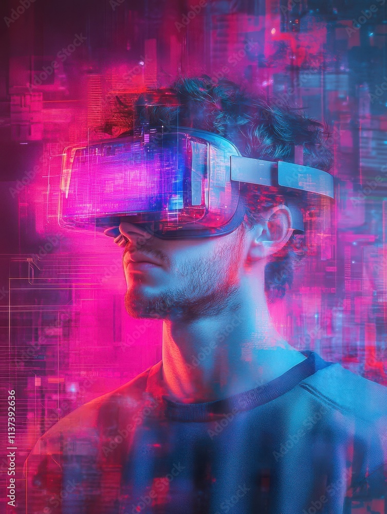 cyberspace, augmented reality, technology and people - man in virtual headset or 3d glasses over glitch effect cyberspace, augmented reality, technology and people - man in virtual headset or 3d glasses over glitch effect