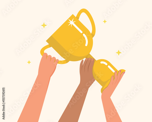 Hand holding gold trophy cup together. Winner trophy award, prize goblet.