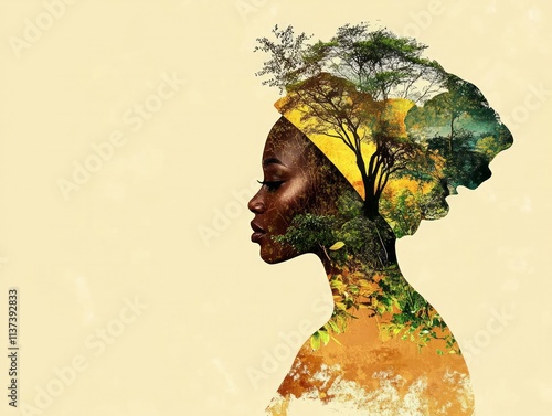 an africa symbol image on the beautiful african face of a young woman. Vogue style close-up portrait of beautiful african girl