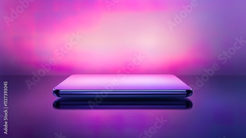 Purple smartphone mockup on reflective surface with vibrant pink and purple background.