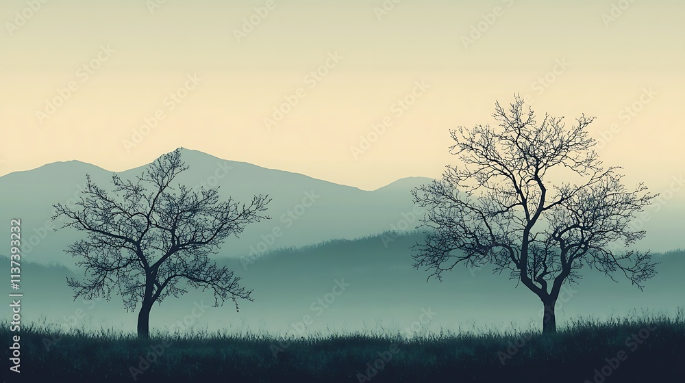 Fototapeta premium Serene Landscape Blue Silhouette of Trees and Mountains for Backgrounds, Prints, and Web Design
