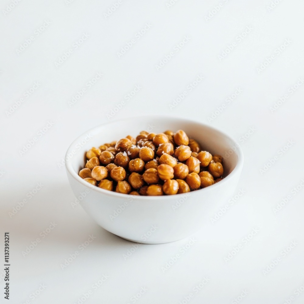 A simple bowl of plain roasted chickpeas with a light drizzle of olive oil and a sprinkle of sea salt, served in a minimalist white ceramic bowl, Roasted chickpeas centered A simple bowl of plain roasted chickpeas with a light drizzle of olive oil and a sprinkle of sea salt, served in a minimalist white ceramic bowl, Roasted chickpeas centered