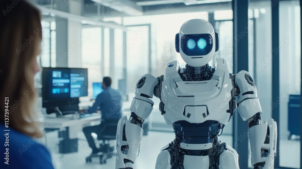 A humanoid robot interacts with a person in a modern office setting. A humanoid robot interacts with a person in a modern office setting.