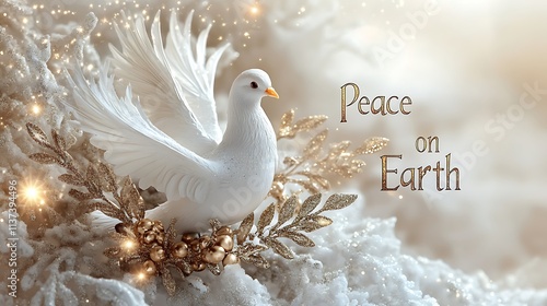 Peace on Earth in ornate, elegant calligraphy, accented by white doves holding golden olive branches, soft silver backdrop with subtle glowing stars for a serene holiday ambiance. --ar 16:9 photo