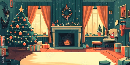 A Cozy Christmas Eve Night A magical illustration of a warmly lit living room,adorned with a beautifully decorated Christmas tree,presents
