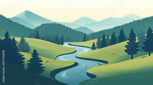 Serene landscape featuring a winding river and lush mountains.