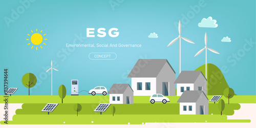  ESG concept in modern village energy saving, solar panel