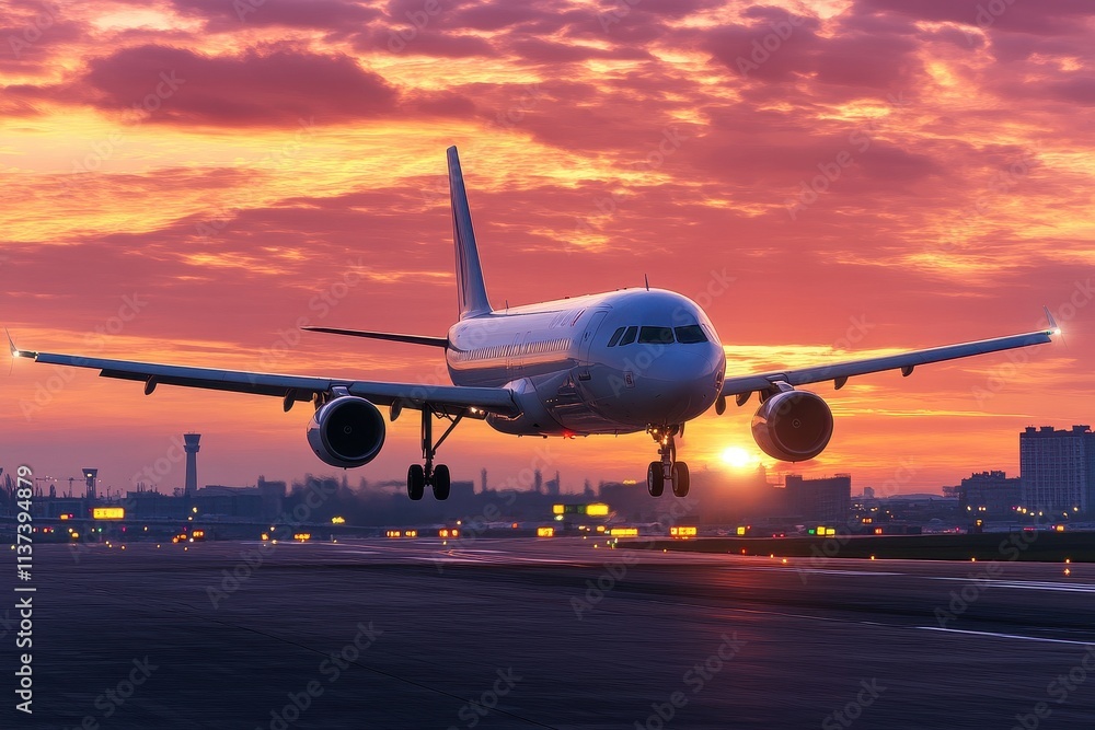 Airplane landing at sunset, runway lights visible. Illustrates travel, arrival, and journey's end. Airplane landing at sunset, runway lights visible. Illustrates travel, arrival, and journey's end.