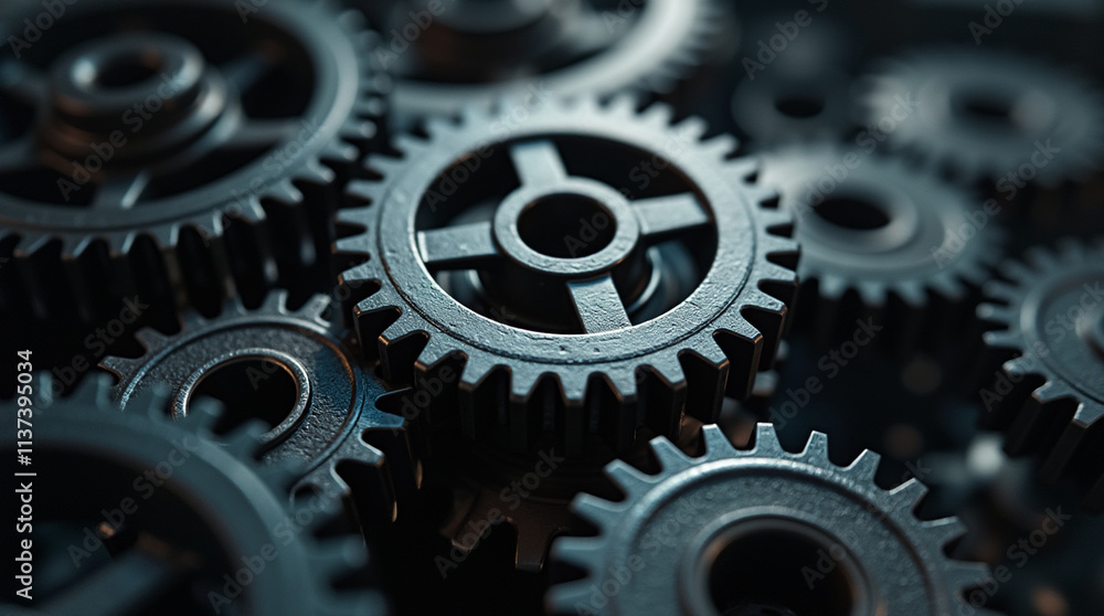 Close-up of interlocking metallic gears with shiny surfaces and smooth teeth, highlighted with touches of orange. Dramatic lighting casts shadows, set against a dark, industrial background. Close-up of interlocking metallic gears with shiny surfaces and smooth teeth, highlighted with touches of orange. Dramatic lighting casts shadows, set against a dark, industrial background.