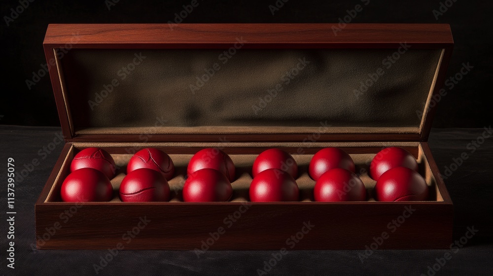 artisanal sports display case, rich red leather balls, geometric compartment layout, traditional wooden craftsmanship, olive velvet lining, masterful product photography artisanal sports display case, rich red leather balls, geometric compartment layout, traditional wooden craftsmanship, olive velvet lining, masterful product photography