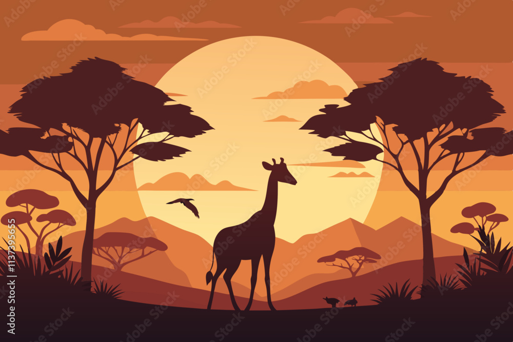 Fototapeta premium Vector Art of Giraffe at Sunset in African Savannah