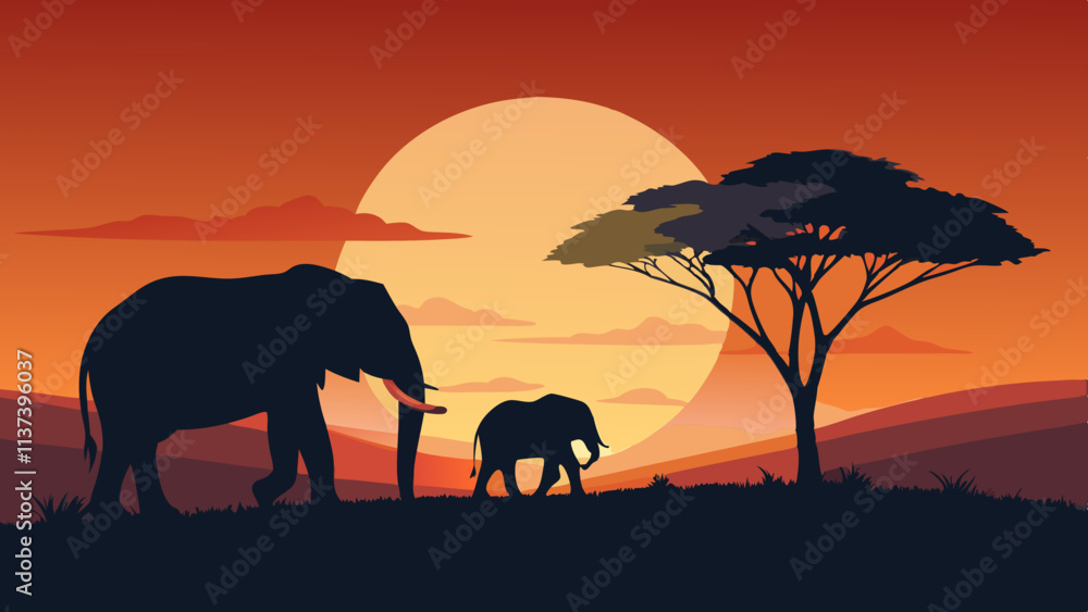 Fototapeta premium Vector Art of Elephants at Sunset in African Savannah