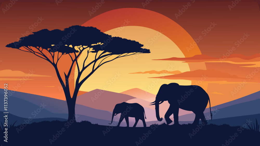 Vector Art of Elephants at Sunset in African Savannah Vector Art of Elephants at Sunset in African Savannah