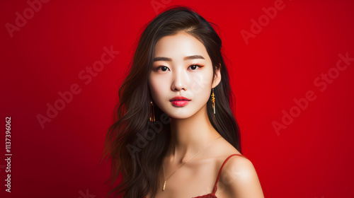 Portrait of smiling asian teenager girl red background.