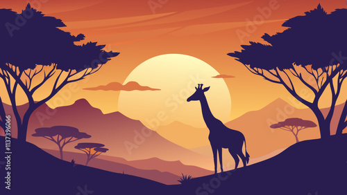 Vector Art of Giraffe at Sunset in African Savannah photo