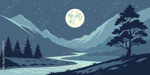 Vector Art of Moonlit Mountain River Landscape