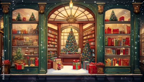 Christmas-themed book shop window with gifts and festive decorations  
