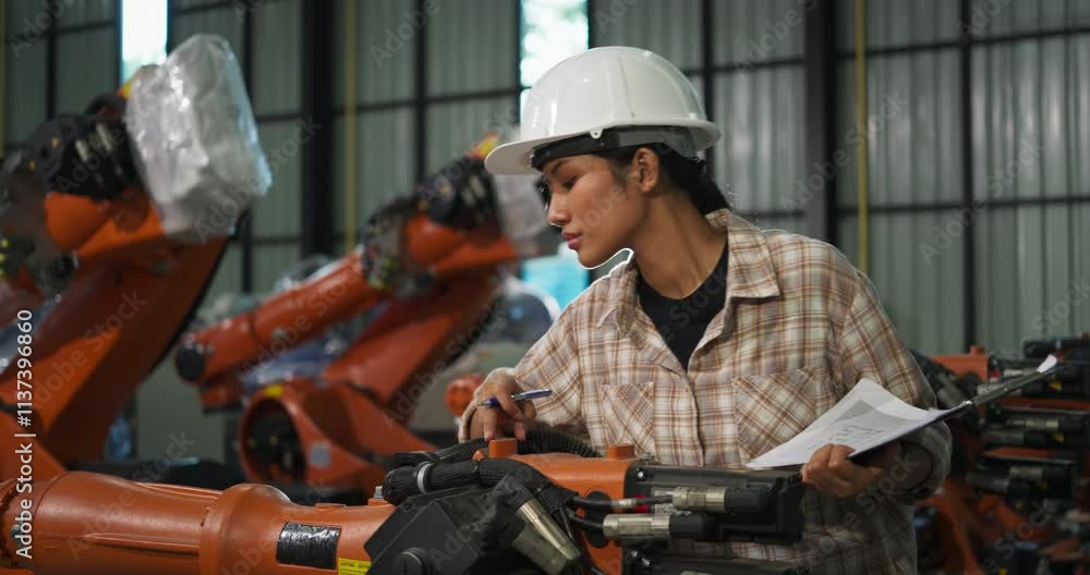 Professional female engineer wearing a hard hat and inspecting an industrial robotic arm in an automated factory environment, showcasing advanced robotics, precision engineering, and smart manufacturi Professional female engineer wearing a hard hat and inspecting an industrial robotic arm in an automated factory environment, showcasing advanced robotics, precision engineering, and smart manufacturi