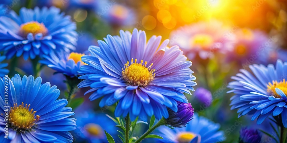 Fototapeta premium Aerial View Blooming Aster Flowers, Blue Petals, Bokeh, Sunset, Evening Light, Nature Photography