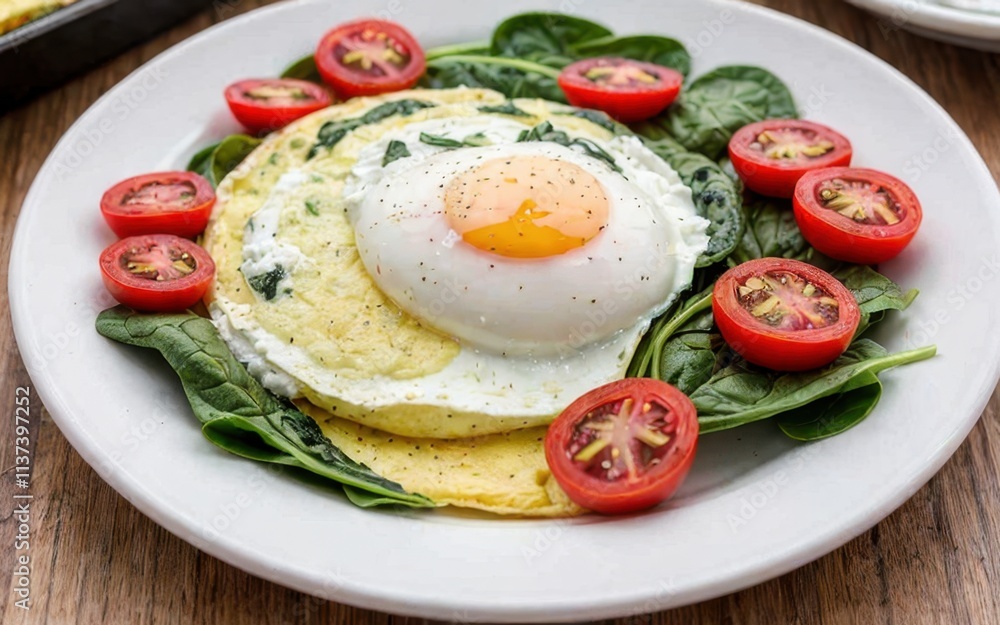 A healthy breakfast plate featuring eggs, spinach, and cherry tomatoes. A healthy breakfast plate featuring eggs, spinach, and cherry tomatoes.