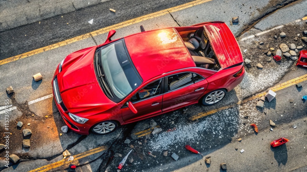 Fototapeta premium Aerial View Car Crash: Red Vehicle Rear Bumper Damage, Road Accident Repair Insurance Claim