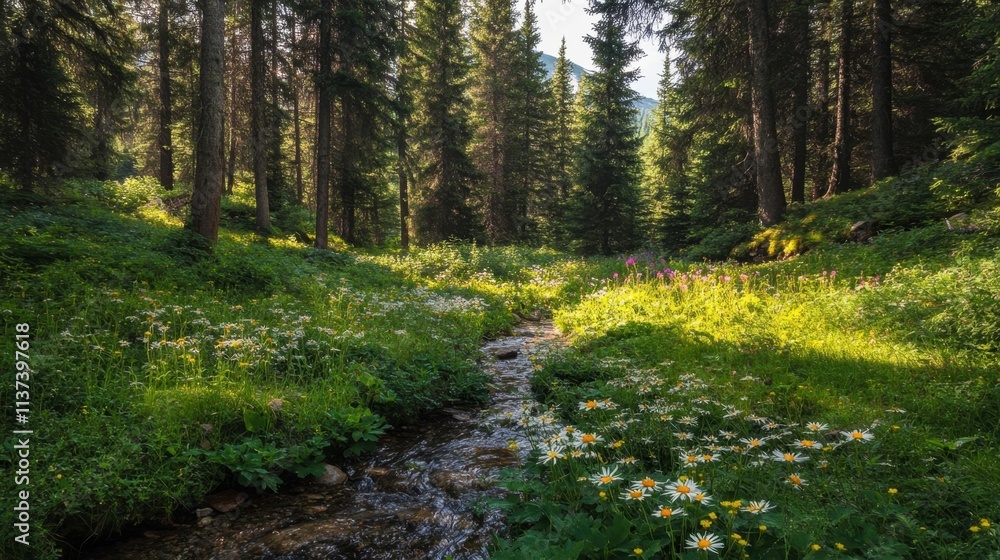 Fototapeta premium A serene forest scene with a stream and blooming wildflowers.