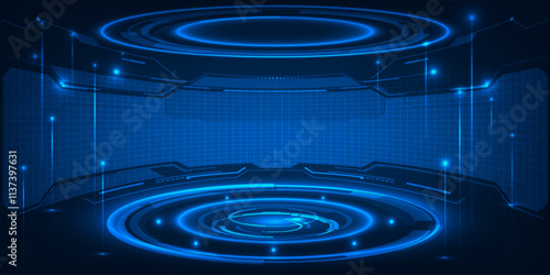 DigitalVector illustrations of futuristic stage platform empty space with digital element around.Digital technology artwork.