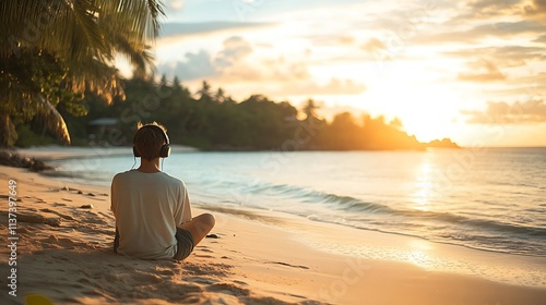 Individual Enjoying Tranquil Moment at Beautiful Beach Sunset