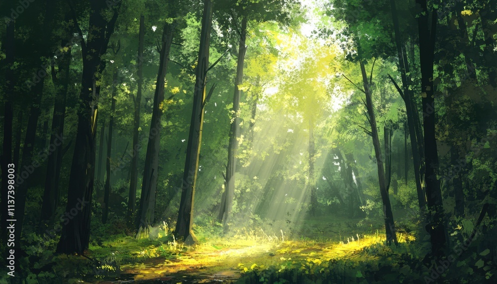 Naklejka premium A serene forest scene with sunlight filtering through the trees.