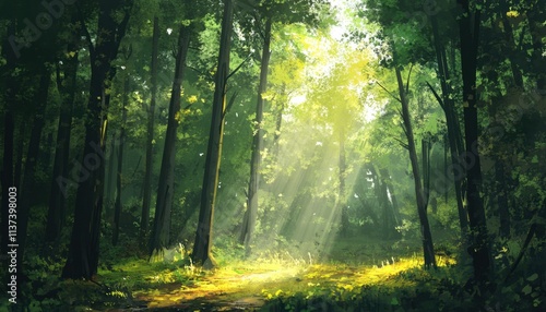 A serene forest scene with sunlight filtering through the trees.