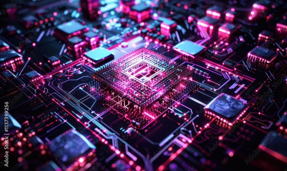 A vibrant close-up of a futuristic computer circuit board. A vibrant close-up of a futuristic computer circuit board.
