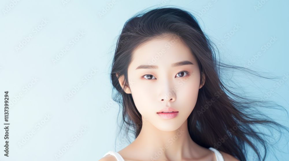 Portrait of smiling asian teenager girl blue background. Portrait of smiling asian teenager girl blue background.