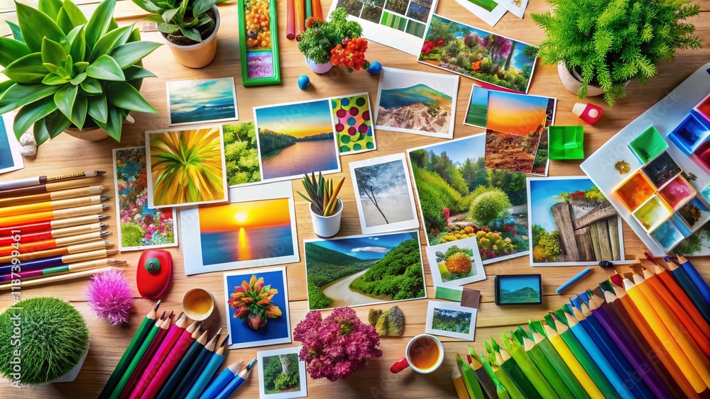 Obraz premium Aerial View Inspiring Creative Workspace Office Design Mood Board Supplies