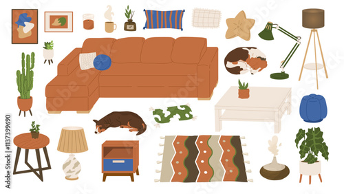 Set of furniture and interior items for the living room. Different cozy objects. Plants, animals, pillows and furniture. Vector illustration isolated on a transparent background.
