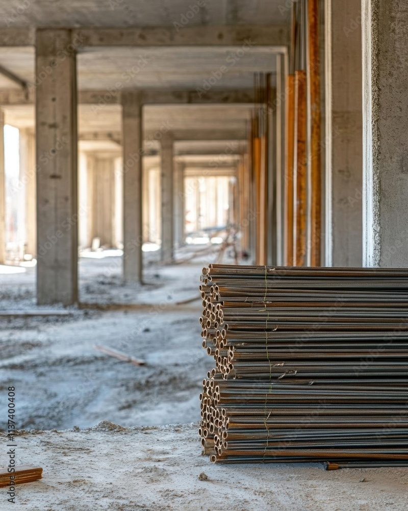 A construction site with stacked metal pipes and concrete pillars. A construction site with stacked metal pipes and concrete pillars.
