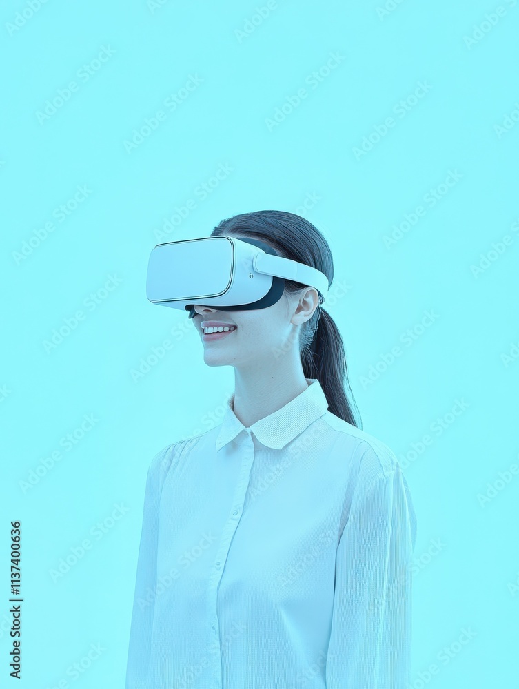 Virtual reality concept: smiled young woman in light shirt with VR glasses on her head on light blue background with place for your logo or text, mockup Virtual reality concept: smiled young woman in light shirt with VR glasses on her head on light blue background with place for your logo or text, mockup