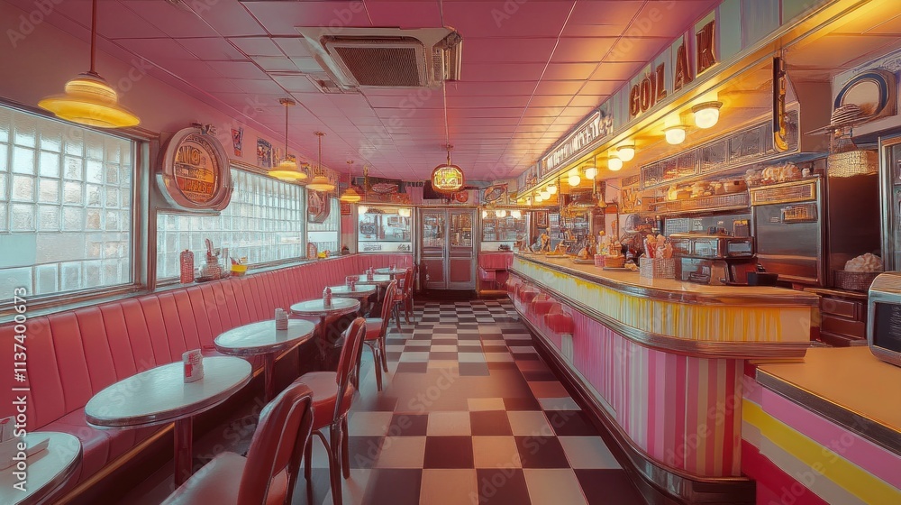 Retro Diner Interior with Pink and Yellow Accents Retro Diner Interior with Pink and Yellow Accents