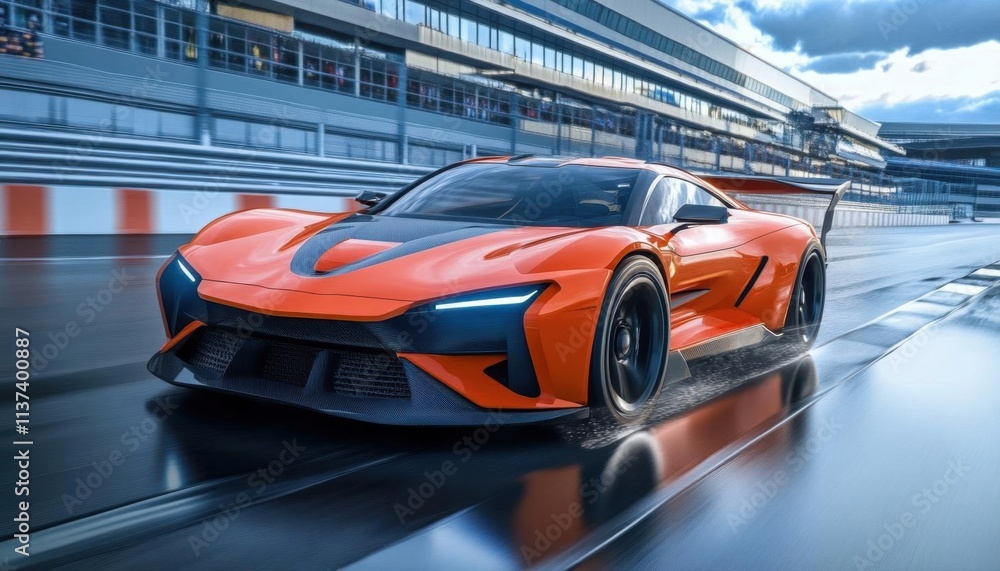 A sleek orange sports car racing on a wet track under dramatic skies.