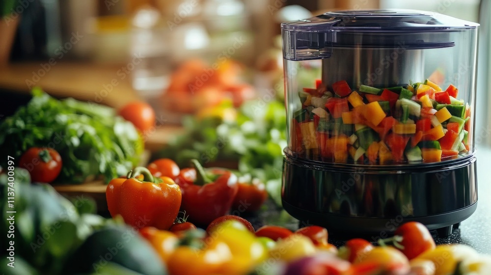 Sleek food processor on modern kitchen countertop surrounded by fresh vegetables and fruits, showcasing efficient kitchen appliance for healthy cooking and meal preparation. Sleek food processor on modern kitchen countertop surrounded by fresh vegetables and fruits, showcasing efficient kitchen appliance for healthy cooking and meal preparation.