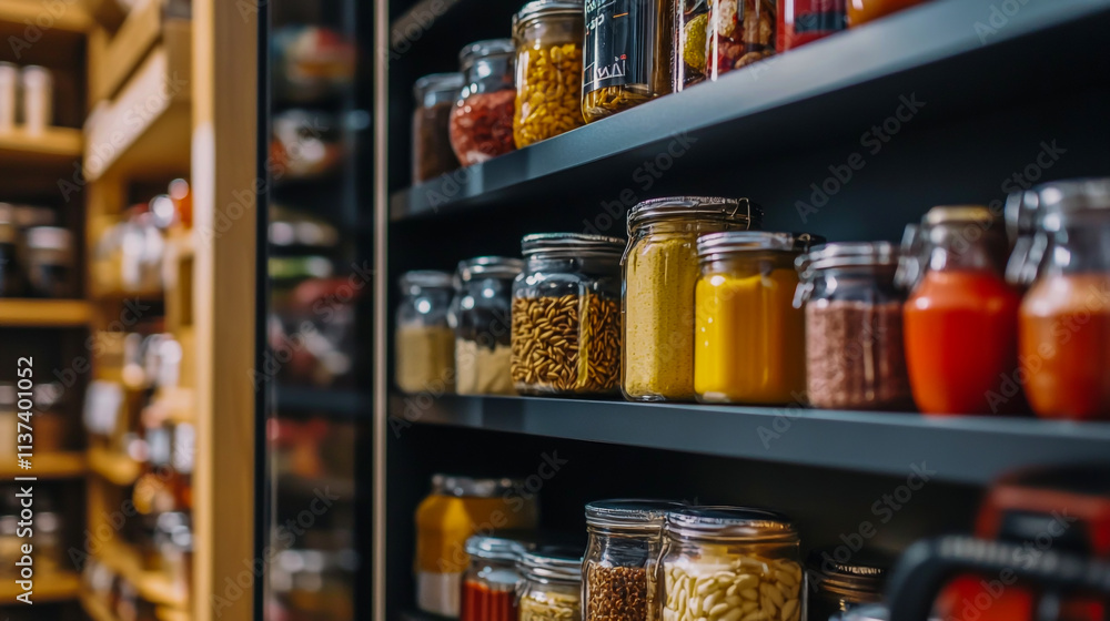Stylish and Organized Kitchen Pantry with Neat Shelves of Food and Essentials, Perfect for Home Storage Solutions. Stylish and Organized Kitchen Pantry with Neat Shelves of Food and Essentials, Perfect for Home Storage Solutions.