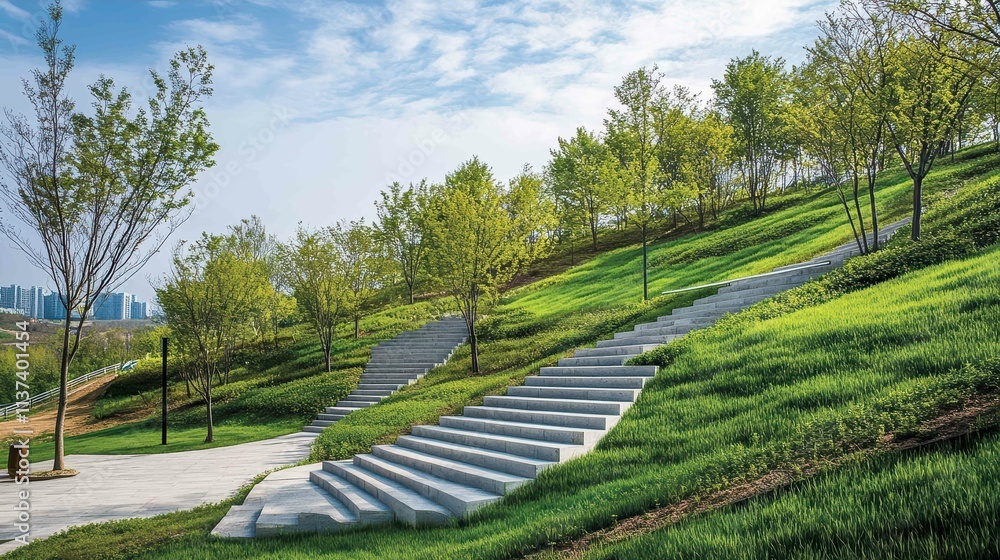 A serene park pathway with steps and lush greenery under a blue sky. A serene park pathway with steps and lush greenery under a blue sky.